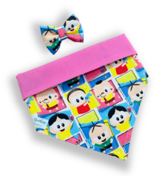 Bandana e laço Turma da Mônica toy dupla face rosa para pet