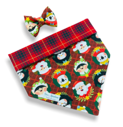 Bandana e laço Turminha de Natal dupla face xadrez para pet