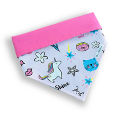 Bandana unicórnio elementos dupla face rosa para pet