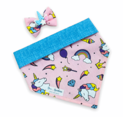 Conjunto bandana unicórnio realeza dupla face azul e laço