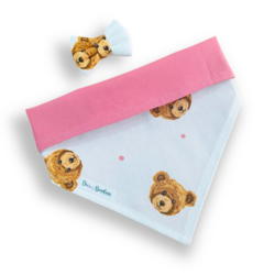 Bandana e laço ursinha rostinho dupla face rosa para pet