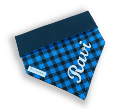 Bandana xadrez azul com nome do pet dupla face preta - comprar online