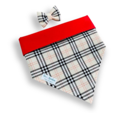 Bandana e laço xadrez elegante dupla face vermelho para pet