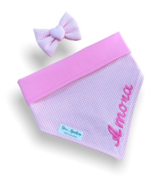 Bandana e laço xadrez rosa com nome do pet dupla face rosa