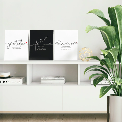 Kit Com 3 Placas Gratidão, Fé e Amor 19 X 24 Cm