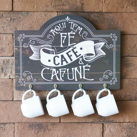 Porta-Chaves Em Mdf - Aqui Tem Fé, Café E Cafuné - 29 X 21 Cm