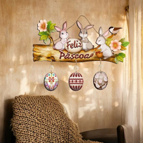 Placa Decorativa Corda Páscoa - Feliz Páscoa Coelhos Na Árvore - 31,5 x 21Cm - comprar online