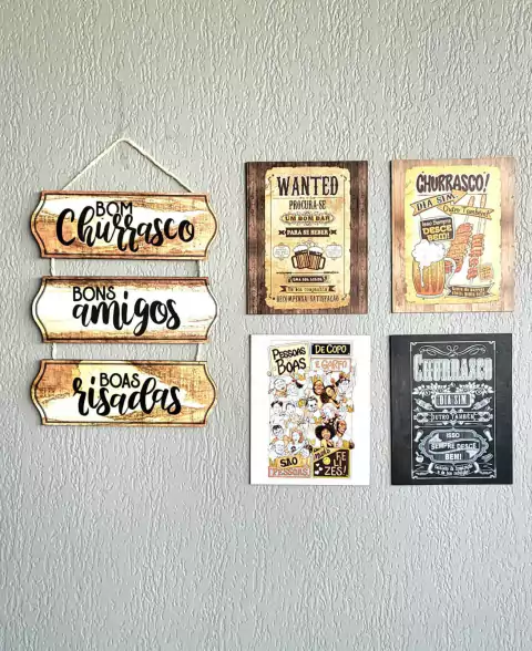 Kit Com 5 Placas Bom Churrasco 29 x 52cm/19 x 24cm/19 x 24cm/19 x 24cm/19 x 24cm