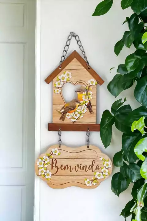 Placa Decorativa Mdf Casa De Passarinhos Bem-vindo 16x31cm - comprar online