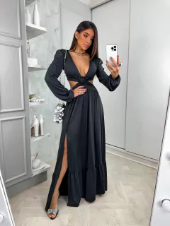 Vestido Longo Manga Princesa com Detalhe em Argola - Linha Chic