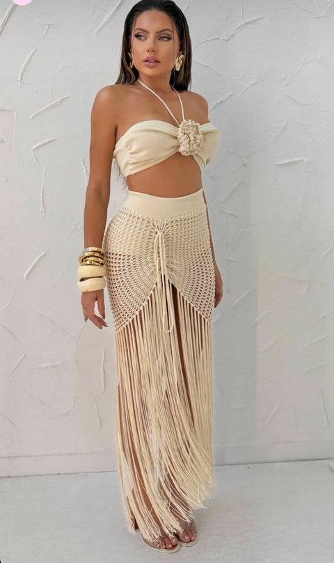 Conjunto Pareô Flor (Top e Saia Midi Franja) - comprar online