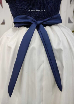 VESTIDO DE FESTA INFANTIL MIDI AZUL MARINHO E BRANCO