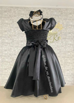 VESTIDO PRETO DE FESTA INFANTIL DE SHANTUNG COM APLICAÇÃO DE FLORES 3D - loja online