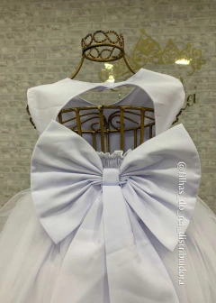 VESTIDO BRANCO FESTA INFANTIL BUSTO DRAPEADO E BOLERO MANGA LONGA