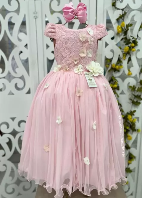 VESTIDO PLUS SIZE LONGO ROSA DE FESTA INFANTIL ENCANTADO DE MANGA CURTA COM APLICAÇÕES DE FLORES 3D