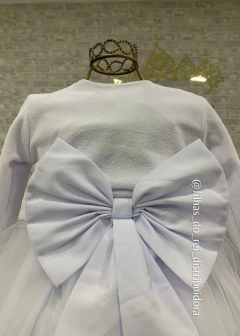 VESTIDO BRANCO FESTA INFANTIL BUSTO DRAPEADO E BOLERO MANGA LONGA - Filhas do Rei Distribuidora Roupa Infantil e Juvenil