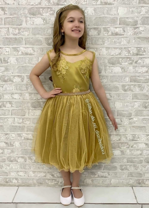 VESTIDO LUXO DE FESTA INFANTIL DE RENDA DOURADO