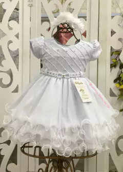 VESTIDO BRANCO DE FESTA INFANTIL LUXO COM SAIA EM CAMADAS E BORADADO DE PEROLAS NO BUSTO