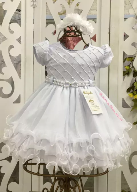 VESTIDO BRANCO DE FESTA INFANTIL LUXO COM SAIA EM CAMADAS E BORADADO DE PEROLAS NO BUSTO