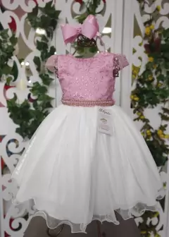 VESTIDO DE FESTA INFANTIL MARIA HELENA ROSA E OFF WHITE