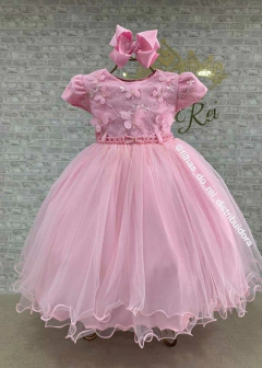 VESTIDO ROSA DE FESTA INFANTIL COM APLIQUES DE BORBOLETAS 3D