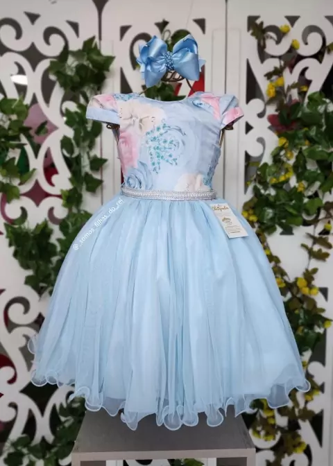 VESTIDO FESTA INFANTIL AZUL CINTO PÉROLAS