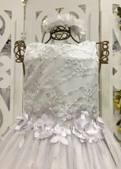 VESTIDO DE FESTA INFANTIL LONGO COM APLICAÇÕES DE FLORES 3D BRANCO - comprar online