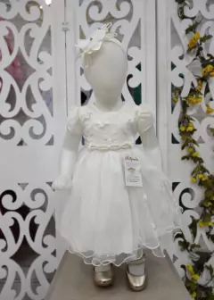 VESTIDO OFF WHITE DE FESTA INFANTIL BUSTO EM DRAPEADO E COM APLIQUES DE BORBOLETAS 3D
