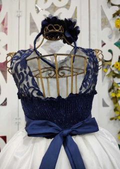 VESTIDO DE FESTA INFANTIL MIDI AZUL MARINHO E BRANCO - loja online
