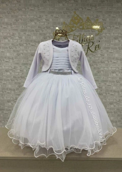 VESTIDO BRANCO FESTA INFANTIL BUSTO DRAPEADO E BOLERO MANGA LONGA
