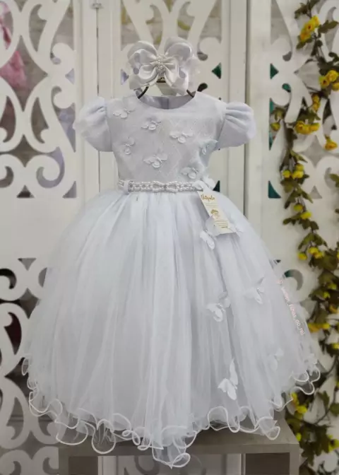 VESTIDO BRANCO DE FESTA INFANTIL BUSTO EM DRAPEADO E COM APLIQUES DE BORBOLETAS 3D