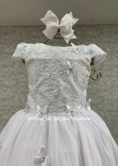 VESTIDO BRANCO DE FESTA INFANTIL COM APLICAÇÕES DE BORBOLETAS 3D - comprar online