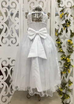 VESTIDO DE FESTA INFANTIL LONGO COM APLICAÇÕES DE FLORES 3D BRANCO na internet