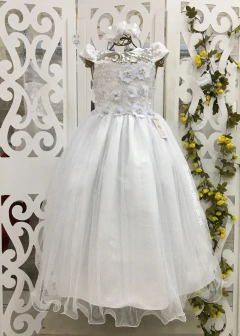 VESTIDO DE FESTA BRANCO COM APLIQUES DE FLORES 3D E BUSTO COM RENDA IMPORTADA
