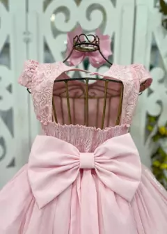 VESTIDO PLUS SIZE LONGO ROSA DE FESTA INFANTIL ENCANTADO DE MANGA CURTA COM APLICAÇÕES DE FLORES 3D - Filhas do Rei Distribuidora Roupa Infantil e Juvenil