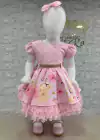 VESTIDO DE FESTA INFANTIL ROSA BUSTO COM APLIQUES DE STRASS SAIA ESTAMPA FLORES