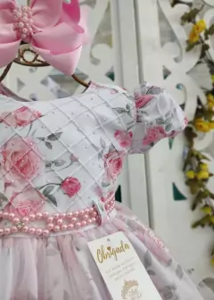 VESTIDO DE FESTA INFANTIL ROSA ESTAMPADO DE FLORES