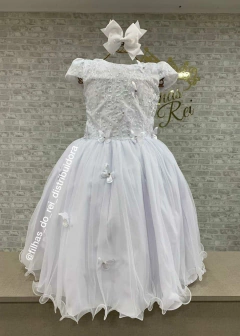 VESTIDO BRANCO DE FESTA INFANTIL COM APLICAÇÕES DE BORBOLETAS 3D