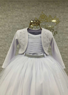 VESTIDO BRANCO FESTA INFANTIL BUSTO DRAPEADO E BOLERO MANGA LONGA - comprar online