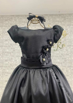 VESTIDO PRETO DE FESTA INFANTIL DE SHANTUNG COM APLICAÇÃO DE FLORES 3D - comprar online