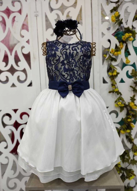 VESTIDO DE FESTA INFANTIL MIDI AZUL MARINHO E BRANCO