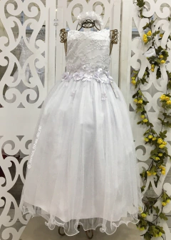 VESTIDO DE FESTA INFANTIL LONGO COM APLICAÇÕES DE FLORES 3D BRANCO