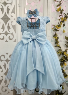 VESTIDO PLUS SIZE AZUL DE FESTA INFANTIL ENCANTADO DE MANGA CURTA COM APLICAÇÕES DE FLORES 3D - comprar online