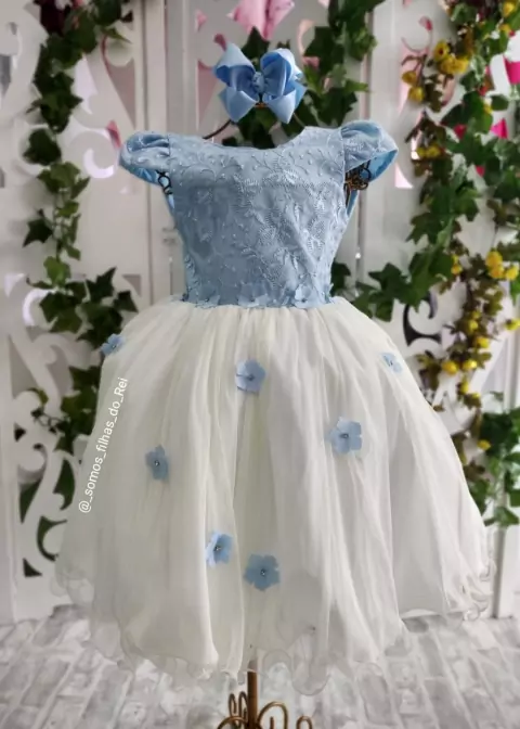VESTIDO DE FESTA INFANTIL LUXO FLORES ENCANTADAS AZUL SERENITY