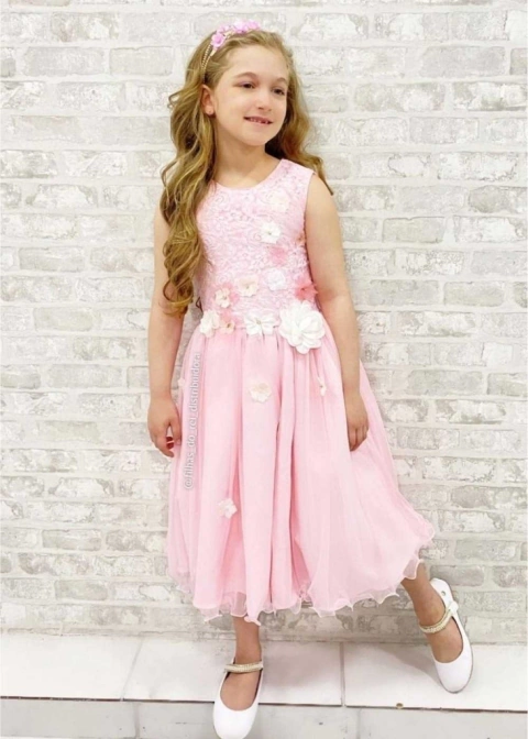 VESTIDO DE FESTA INFANTIL ENCANTADO COM APLICAÇÕES DE FLORES 3D ROSA