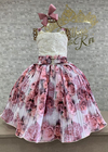 VESTIDO DE FESTA INFANTIL LUXO OFF WHITE E ROSE FLORIDO