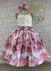 VESTIDO DE FESTA INFANTIL LUXO OFF WHITE E ROSE FLORIDO