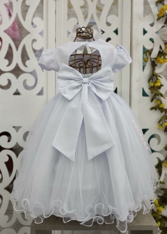 VESTIDO BRANCO DE FESTA INFANTIL BUSTO EM DRAPEADO E COM APLIQUES DE BORBOLETAS 3D - comprar online