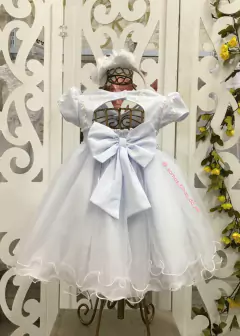 VESTIDO BRANCO DE FESTA INFANTIL COM APLIQUES DE FLORES 3D
