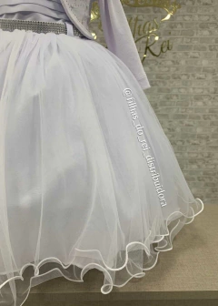 VESTIDO BRANCO FESTA INFANTIL BUSTO DRAPEADO E BOLERO MANGA LONGA